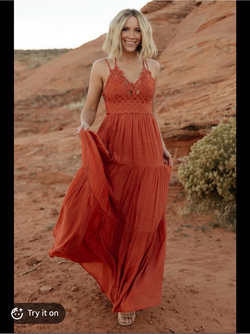 Flying Tomato Rust Orange Crochet Bodice Maxi Dress